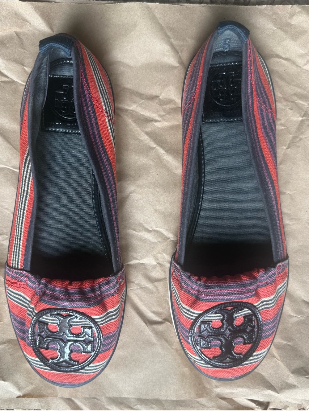 Tory Burch Red Striped Canvas Logo Ballet Flats